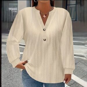 Cream Button V Neck Blouse Tunic